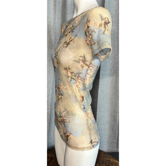 Sweet Lilac Sheer Mesh Baby Angel Cherub Print Short Sleeve Top Size S Y2K - Picture 12 of 14